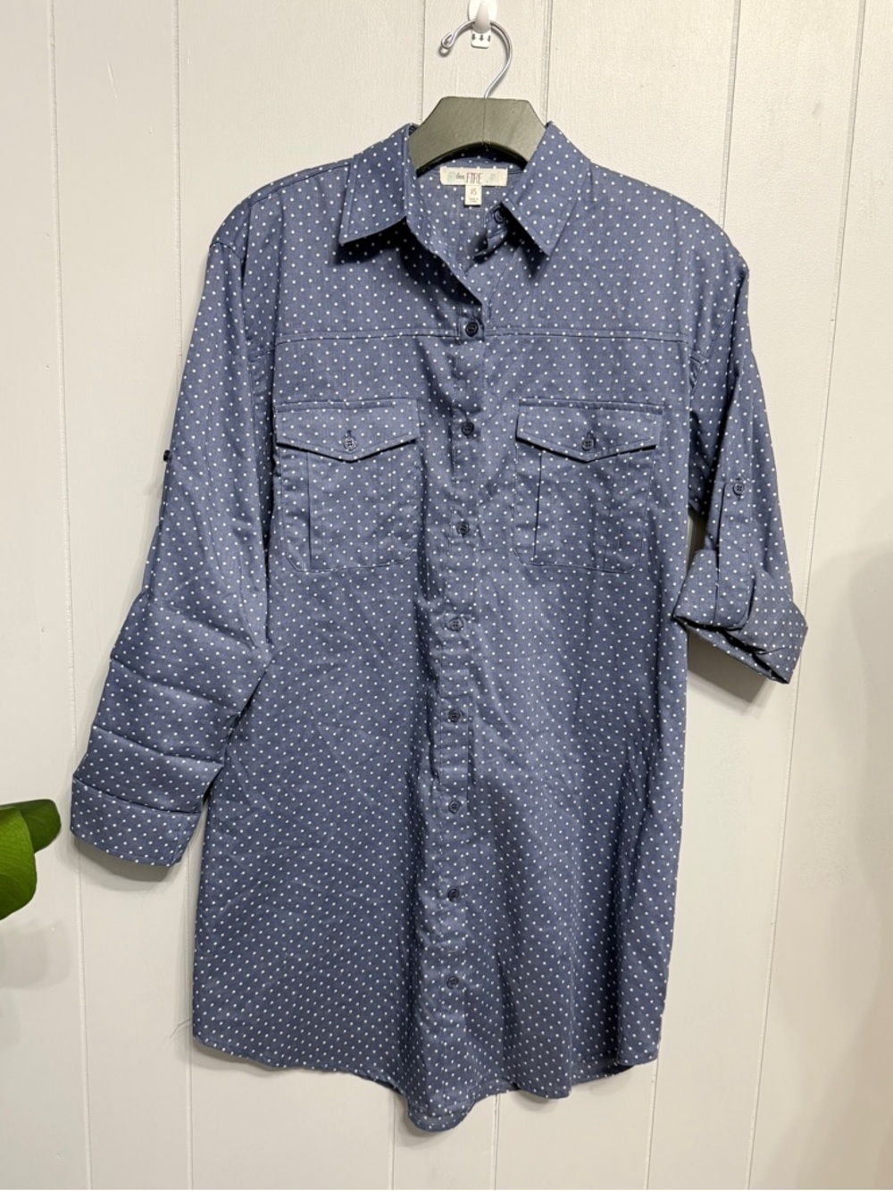 #12)  love, Fire Blue Button-Down Shirt with White Polka Dots